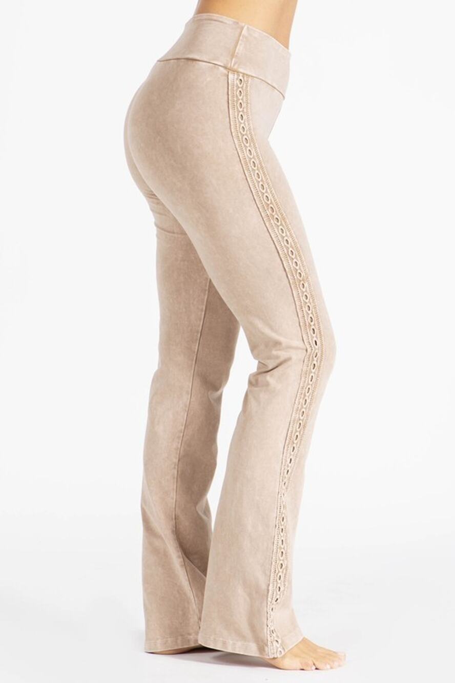 Chatoyant Mineral Washed Bootcut Pants With Side Crochet Lace Beige Small